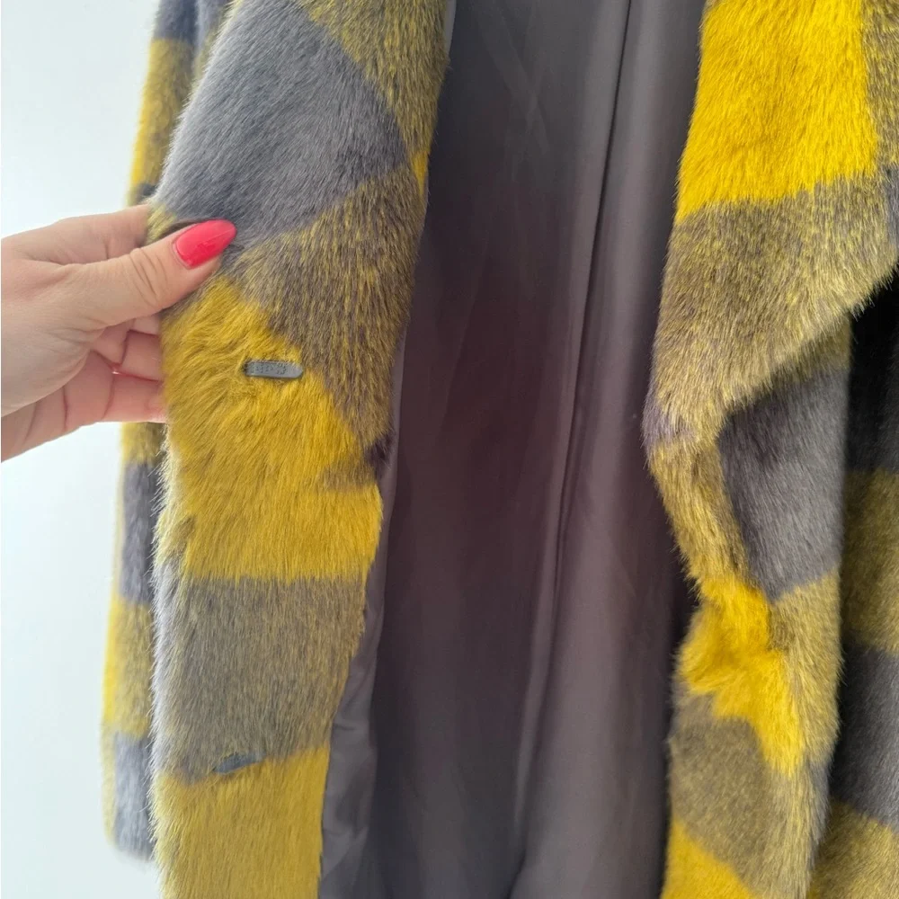 Yellow & purple/ Gray Plaid Faux-Fur Coat - Women's Statement Outerwear - Picture 2 of 6